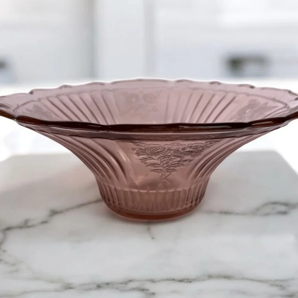 VTG Pink Depression Glass 1930s Anchor Hocking Mayfair Open Rose Bowl UV Glow